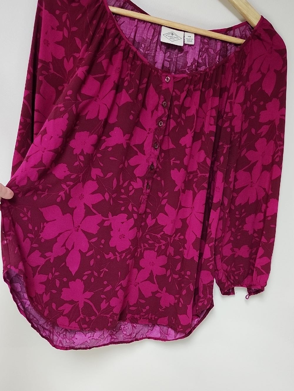 St. John’s Bay Floral Henley Blouse in Magenta and Berry - Picture 3 of 6